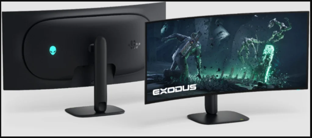 AlienFXロゴが光る背面と、ゲーム画面を映した湾曲ウルトラワイドのAlienware AW3926QWを前後から見たデザイン