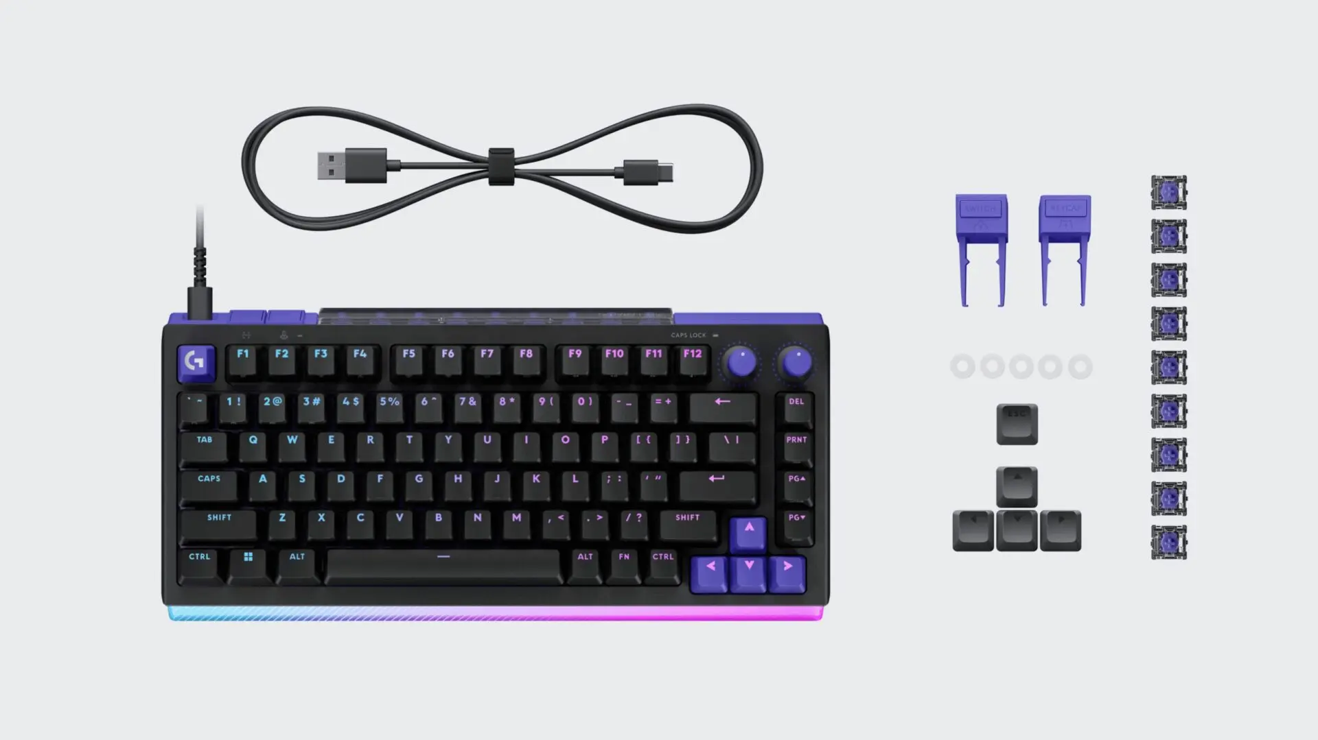 ブラックのG512 X 75本体と同梱物。USB-A to Cケーブル、紫色のアナログスイッチ、SAPPリング、交換用キーキャップ、引き抜き工具が並ぶ