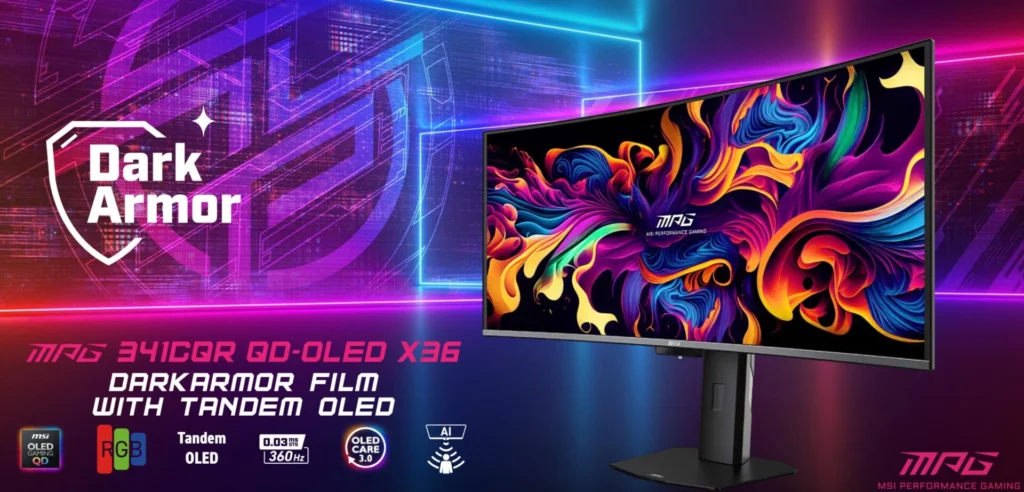 DarkArmorのロゴと色鮮やかな映像を映すMSI MPG 341CQR QD-OLED X36の曲面ウルトラワイド
