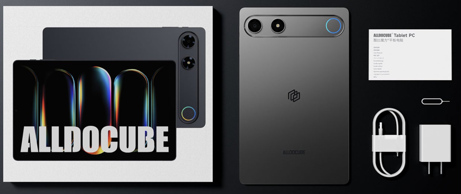 ALLDOCUBE iPlay 80 mini Turboのパッケージ同梱品一式（本体・ACアダプター・USBケーブル・SIMピン・マニュアル）