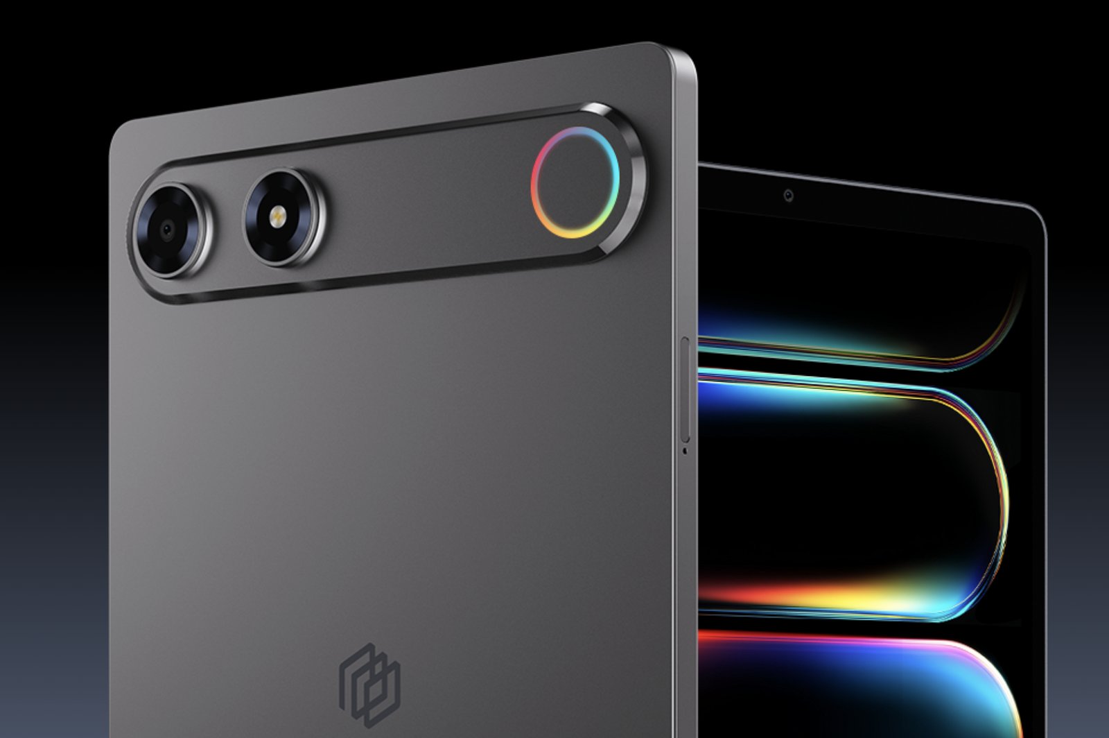 ALLDOCUBE iPlay 80 mini Turbo背面のデュアルカメラとRGBアンビエントライトのクローズアップ