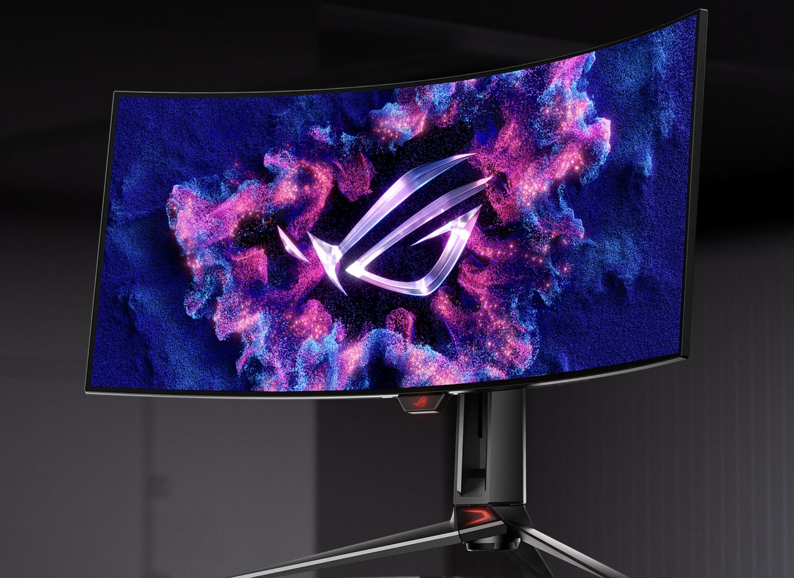 ASUS ROG Swift OLED PG34WCDNの正面。1800R湾曲の34型ウルトラワイド有機ELパネル