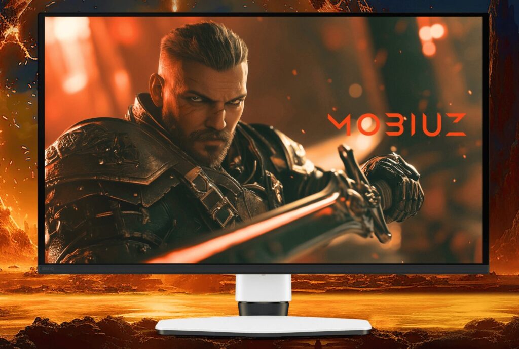 BenQ MOBIUZ EX271QMZ の正面。26.5型の量子ドット有機ELパネルと白いスタンド