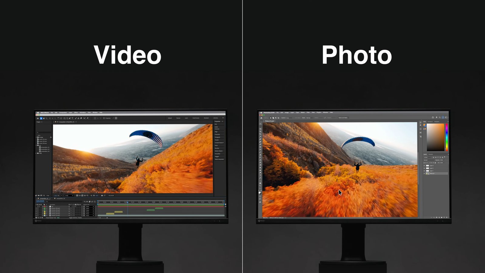 EIZO ColorEdge CS3200Xで動画編集(Video)と写真編集(Photo)を行う2画面の比較イメージ