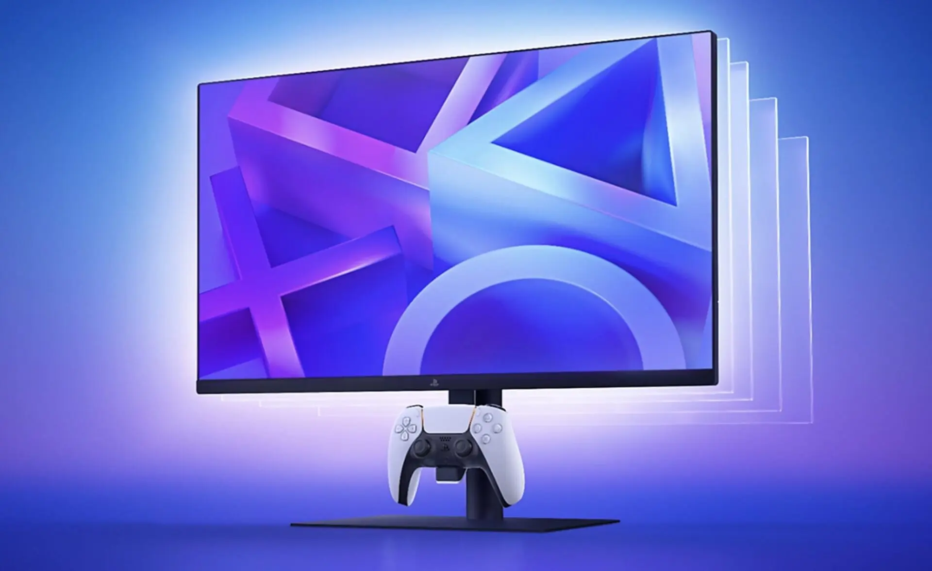 PlayStation純正27型ゲーミングモニター CFI-ZDM1J の正面。スタンド支柱の充電フックにDualSenseを掛けた状態