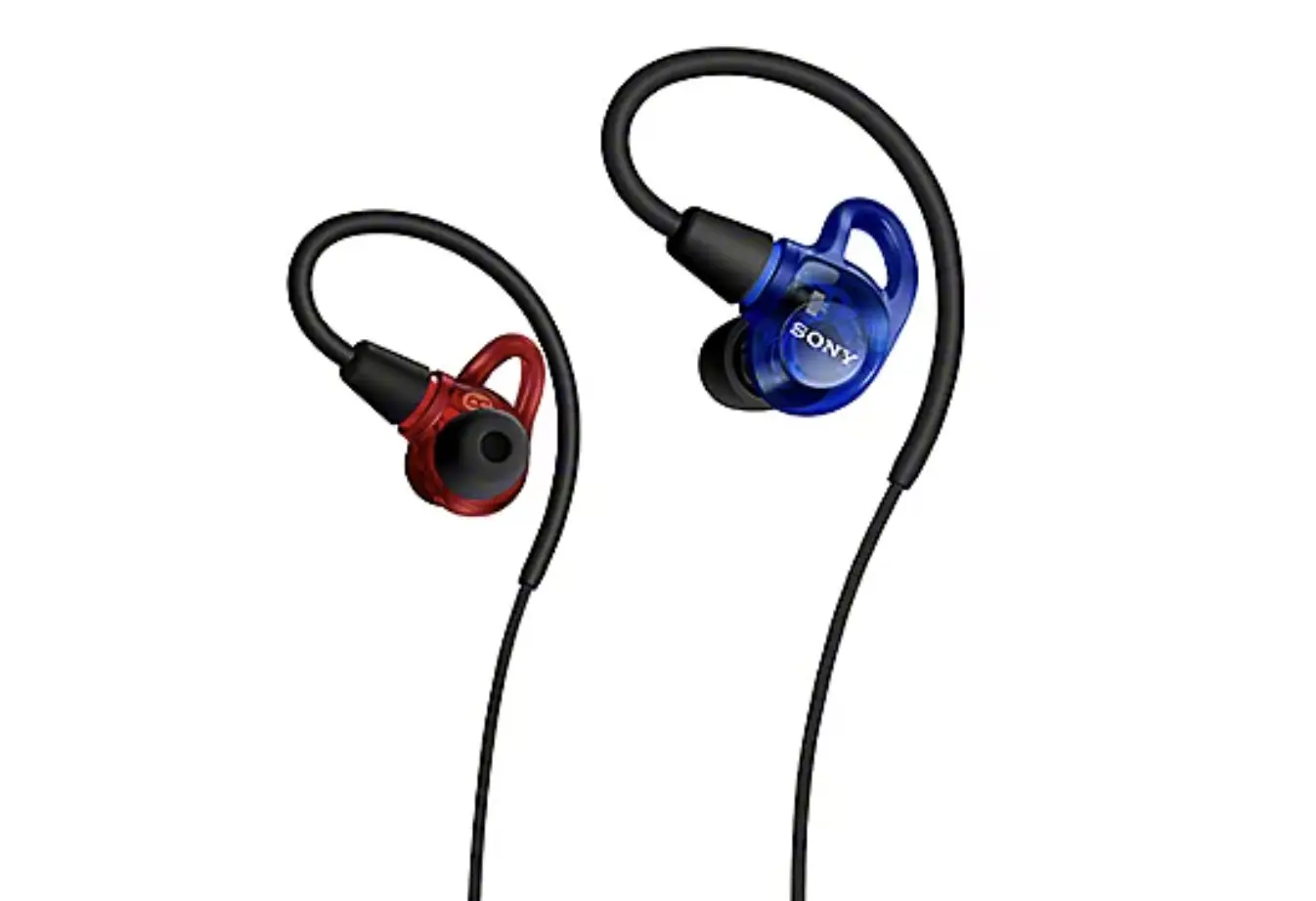 IER-M500のレッド&ブルーモデル。耳のくぼみを支えるフィッティングサポーターが見える