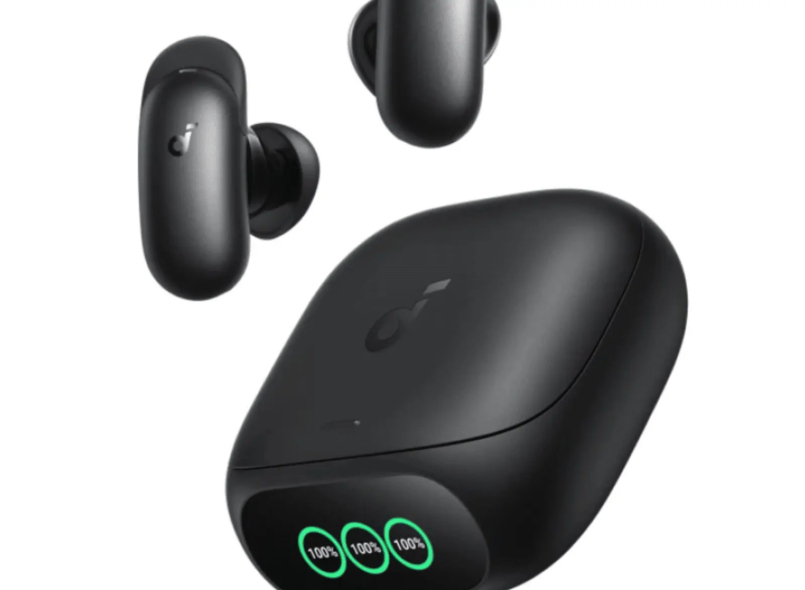 Soundcore Liberty 5 Pro のイヤホンと充電ケース。ケース前面のディスプレイに3つの100%表示が出ている