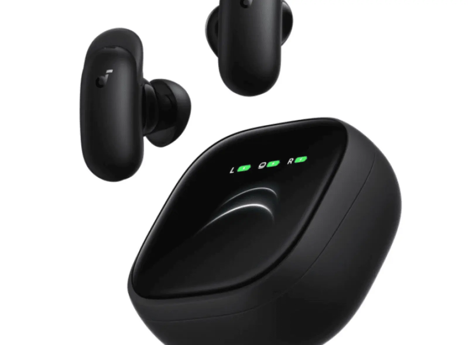 Soundcore Liberty 5 Pro Max のイヤホンと充電ケース。ケース上面の大きな画面にL・ケース・Rの残量表示が出ている