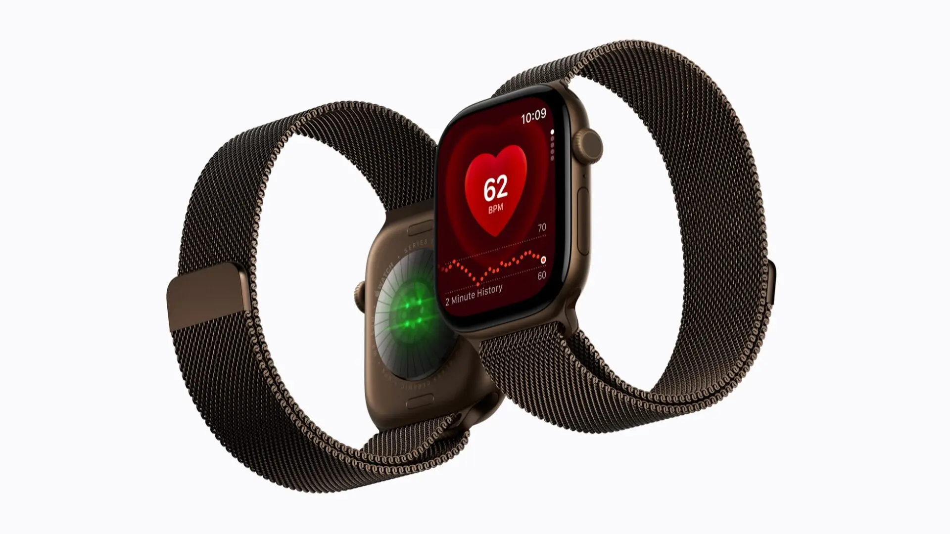 Apple Watch Series 12の背面センサーと、心拍数アプリを表示した前面の2台