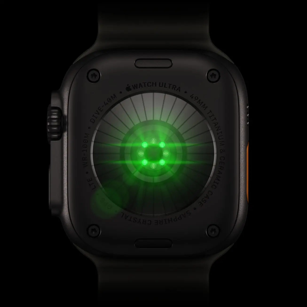 Apple Watch Ultra 4の背面に配置された心拍数センサーのクローズアップ