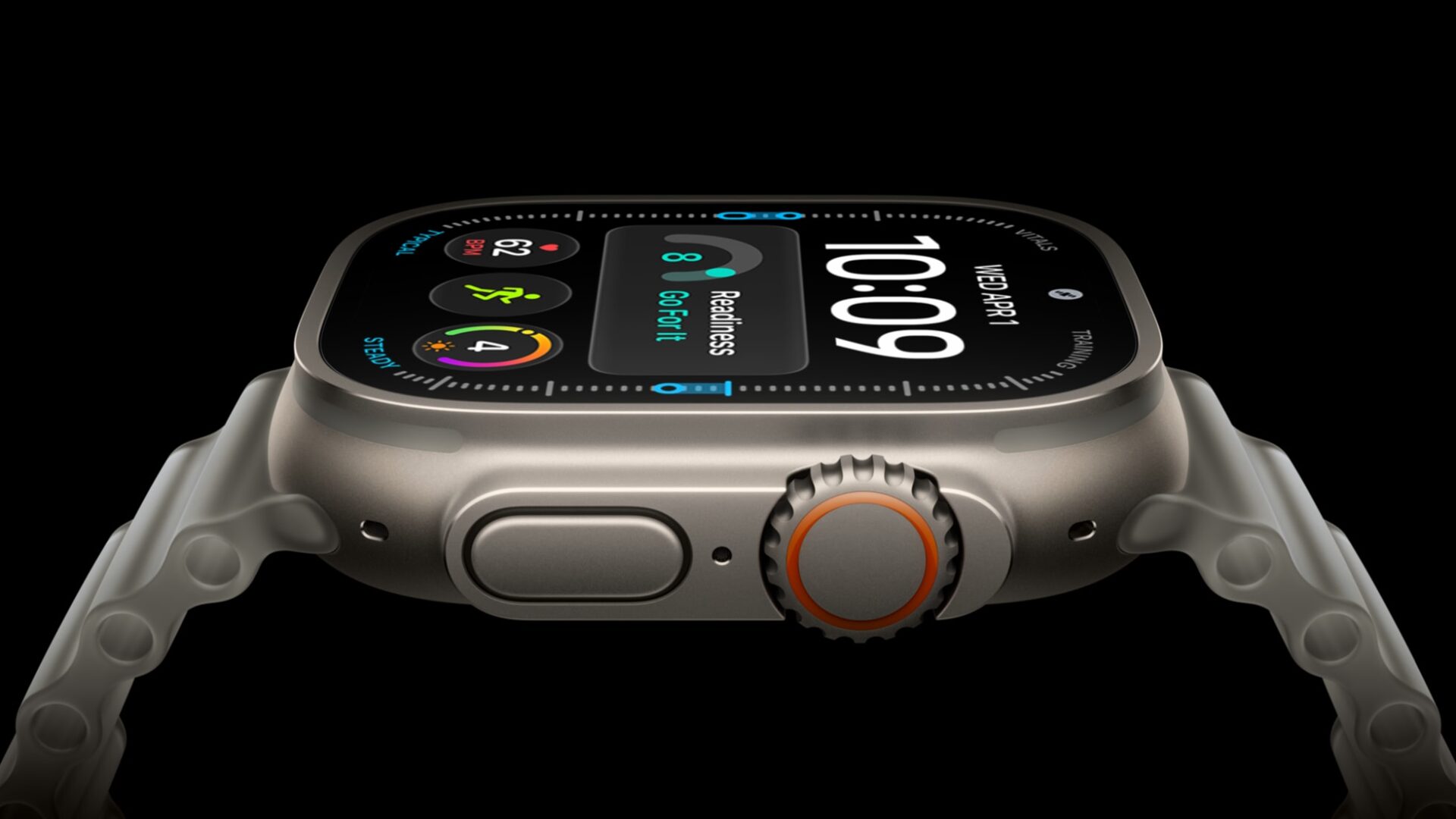 Apple Watch Ultra 4のチタニウムケース側面とアクションボタンのクローズアップ