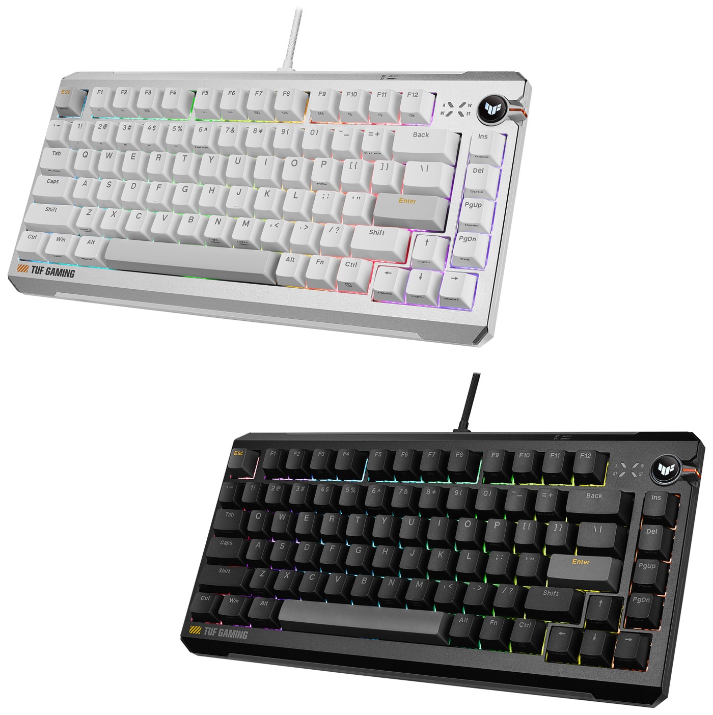 ASUS TUF Gaming K4 Magnetic のホワイトとブラック、2色の本体を並べた公式製品画像