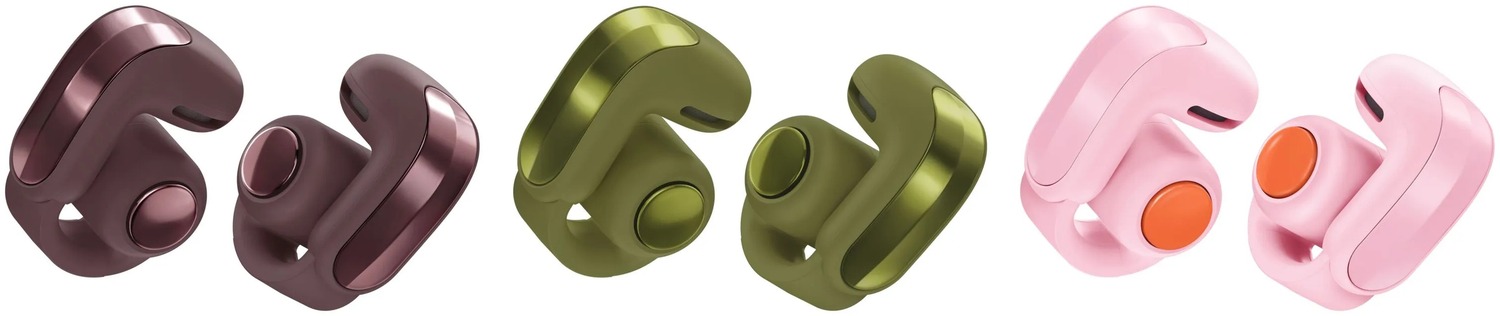 Bose Ultra Open Earbuds（第2世代）の数量限定色3色。左からチェリーチョコレート、オリーブグリーン、スカイピンク