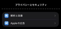 iPadの「プライバシーとセキュリティ」の画面で、見出しの下に「解析と改善」と「Appleの広告」が並んでいる部分を切り出した画像