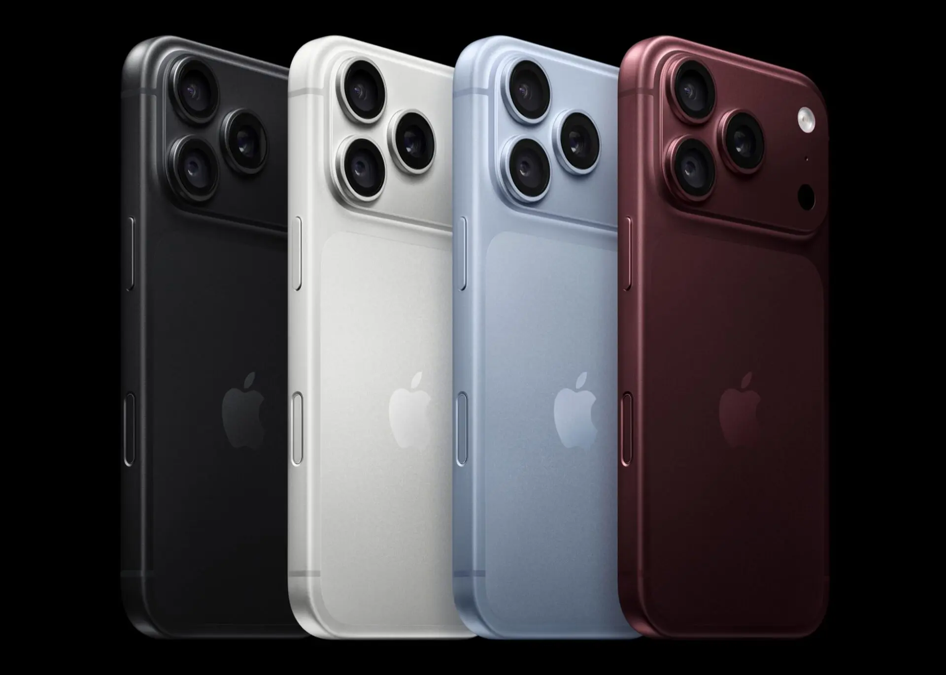 iPhone 18 Proの4色(ブラック、シルバー、グレイシャー、バーガンディ)を並べた背面