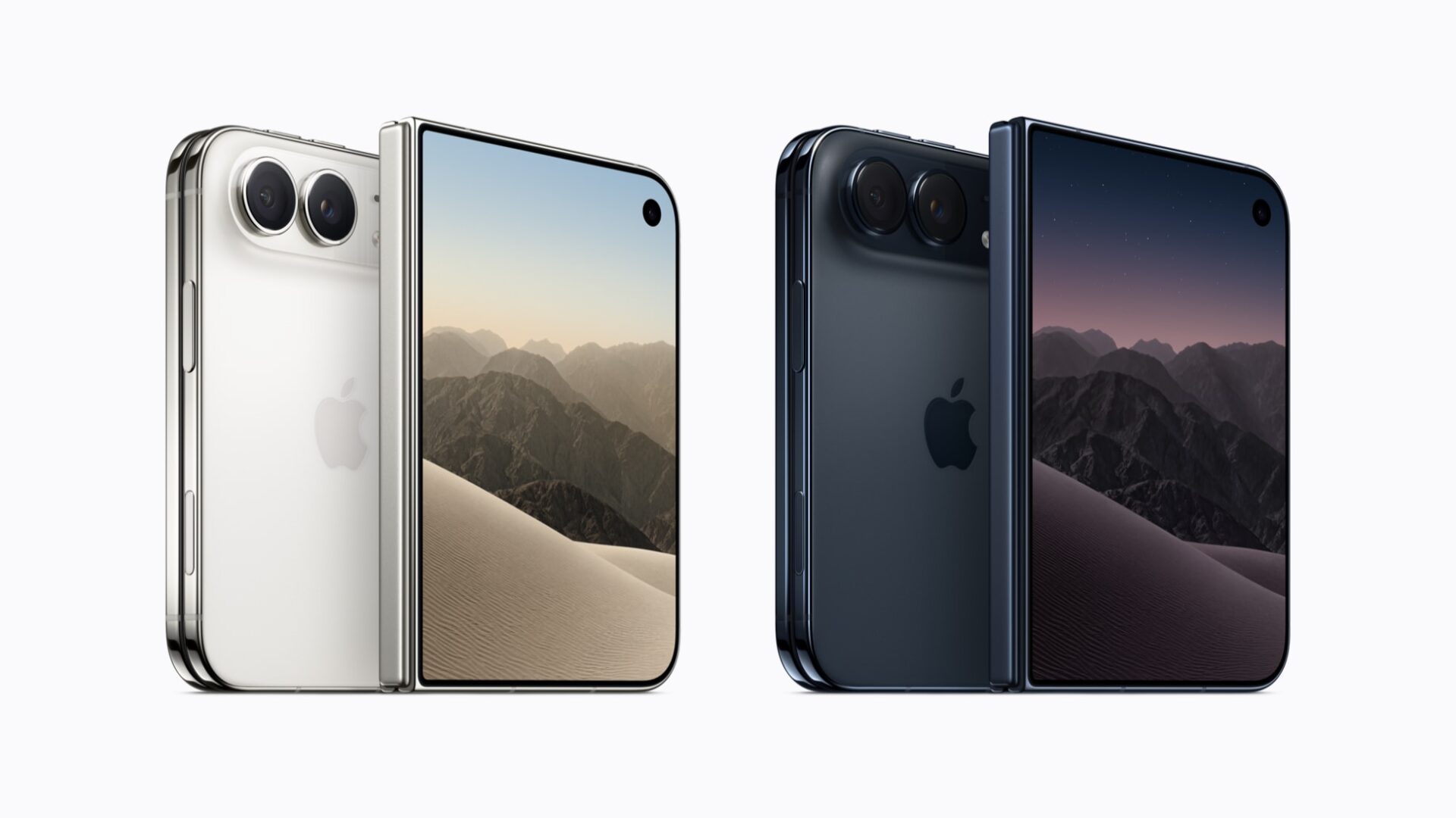 iPhone Duoのスターホワイトとナイトスカイ、4台を前面と背面で並べた写真