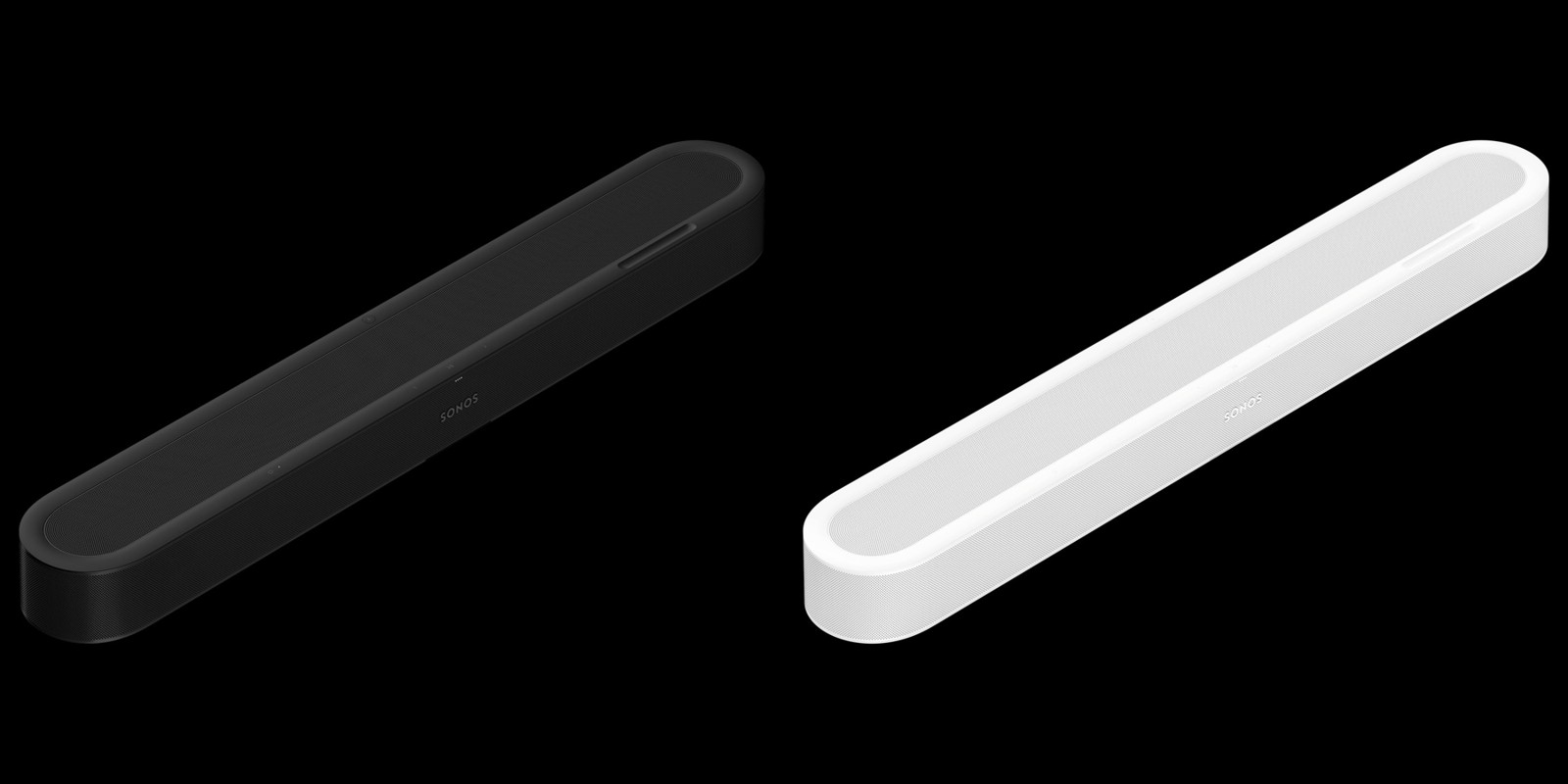 Sonos Beam Ultra のブラックとホワイト、2色の本体を斜め上から並べた公式製品画像