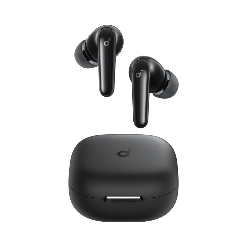 Anker Soundcore P31iのブラックの充電ケースとイヤホンを写したメーカー公式の製品画像