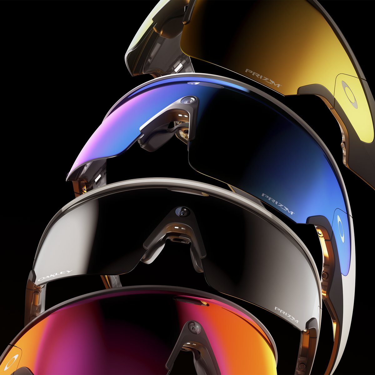 Oakley Meta Vanguardのシールド型フレームを色違いで重ねた製品写真