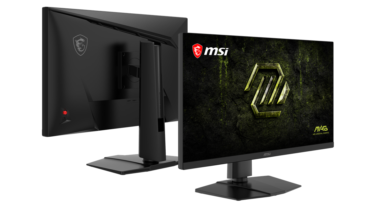 MSI MAG 271KPD7を斜め前から見た正面と、スタンドとVESAマウント部が見える背面を並べた公式製品画像