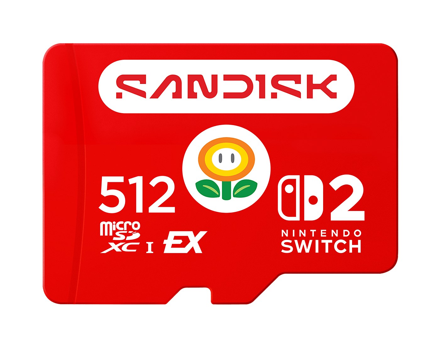 SanDisk microSD Express Card 512GB for Nintendo Switch 2のカード表面(ファイアフラワーのアイコンとNintendo Switch 2のロゴ入り)
