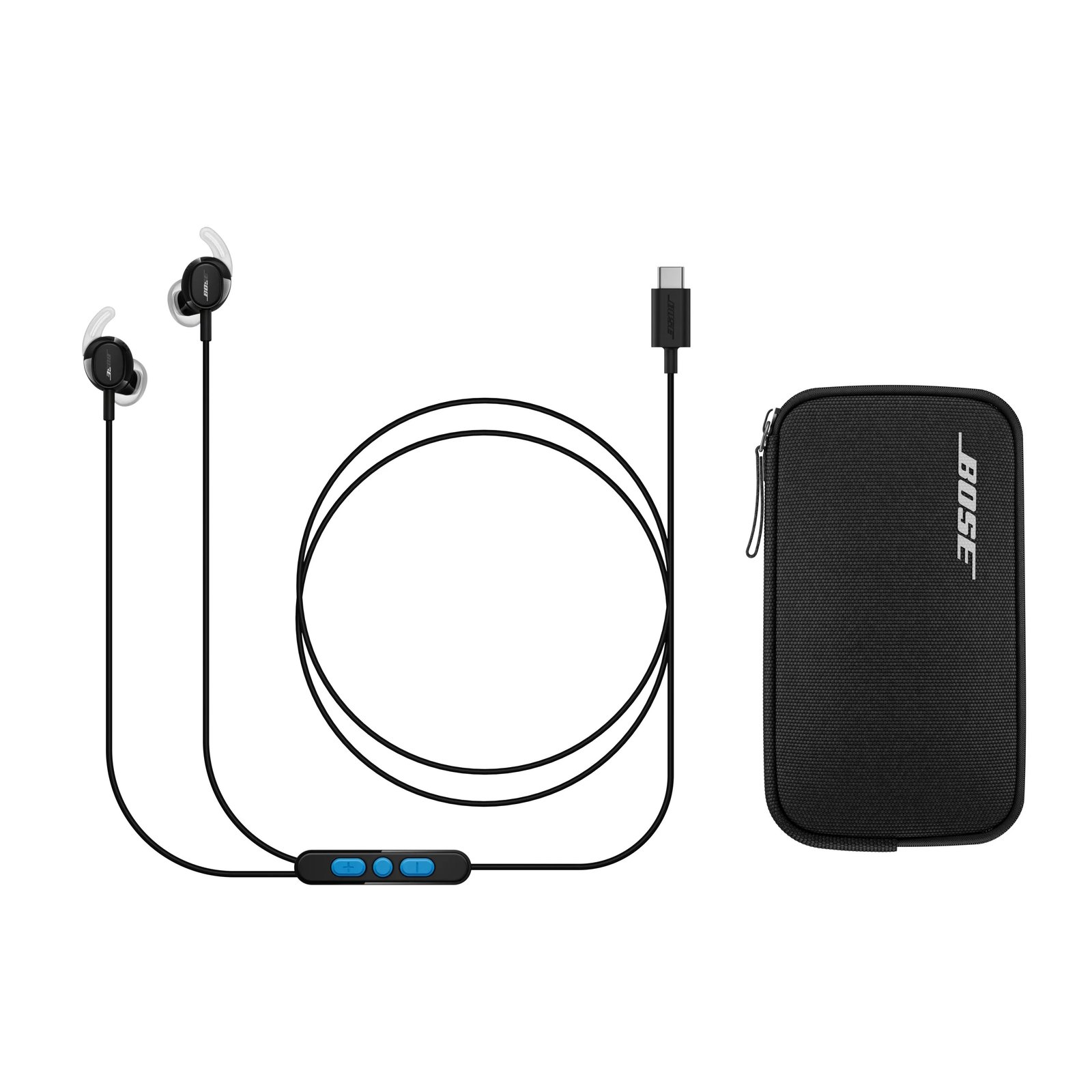 Bose Noise Cancelling Wired Earbuds(ブラック)のイヤホン本体・リモコン付きケーブルとファスナー付きケース(メーカー公式画像)