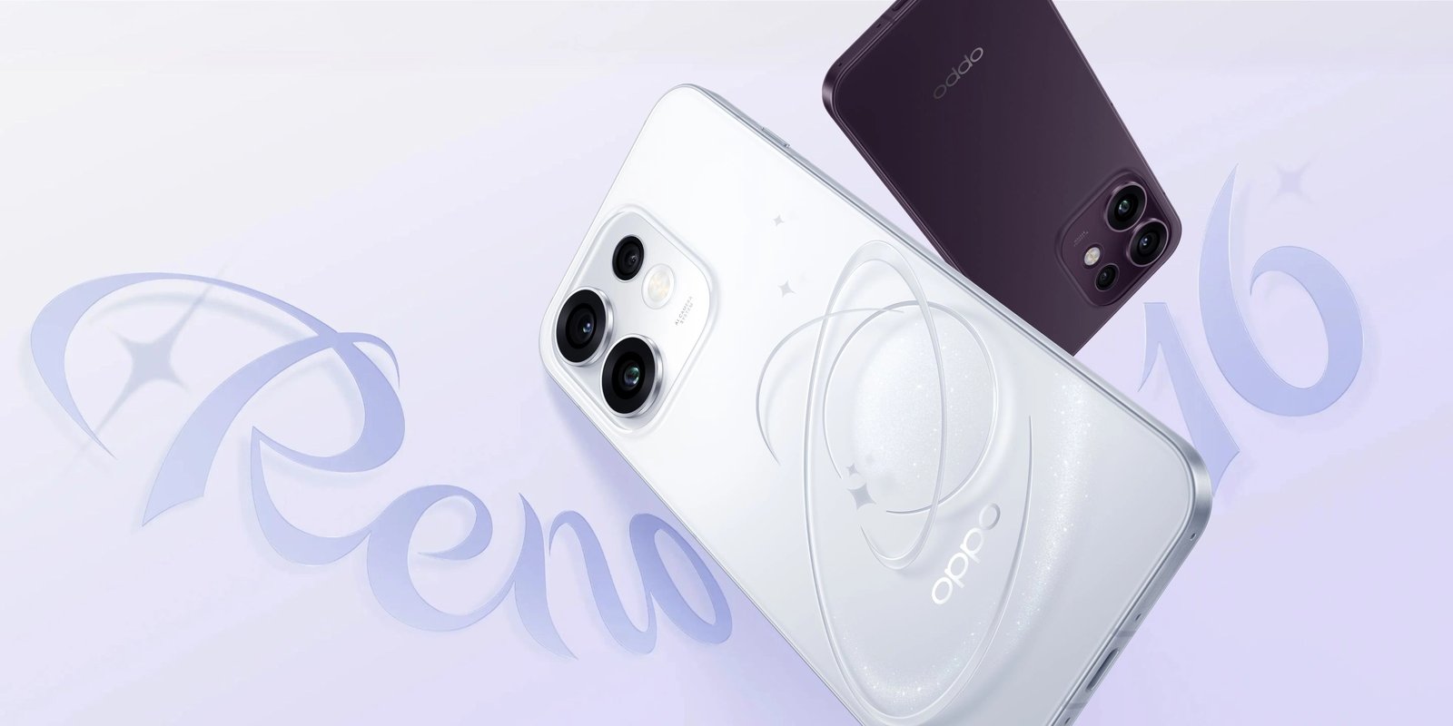 OPPO Reno16 5Gのホワイトとパープルの背面を重ねた公式画像